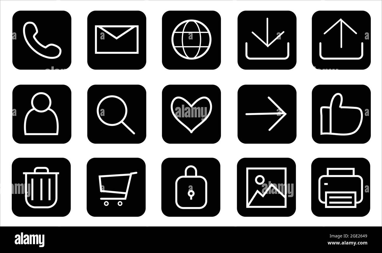 Satz von Technologie- und Nutzungssymbolen wie Hochladen, Herunterladen, Gefällt mir, Favoriten, Kontakt, Einkaufs- und Druckersymbol isoliert. Stock Vektor