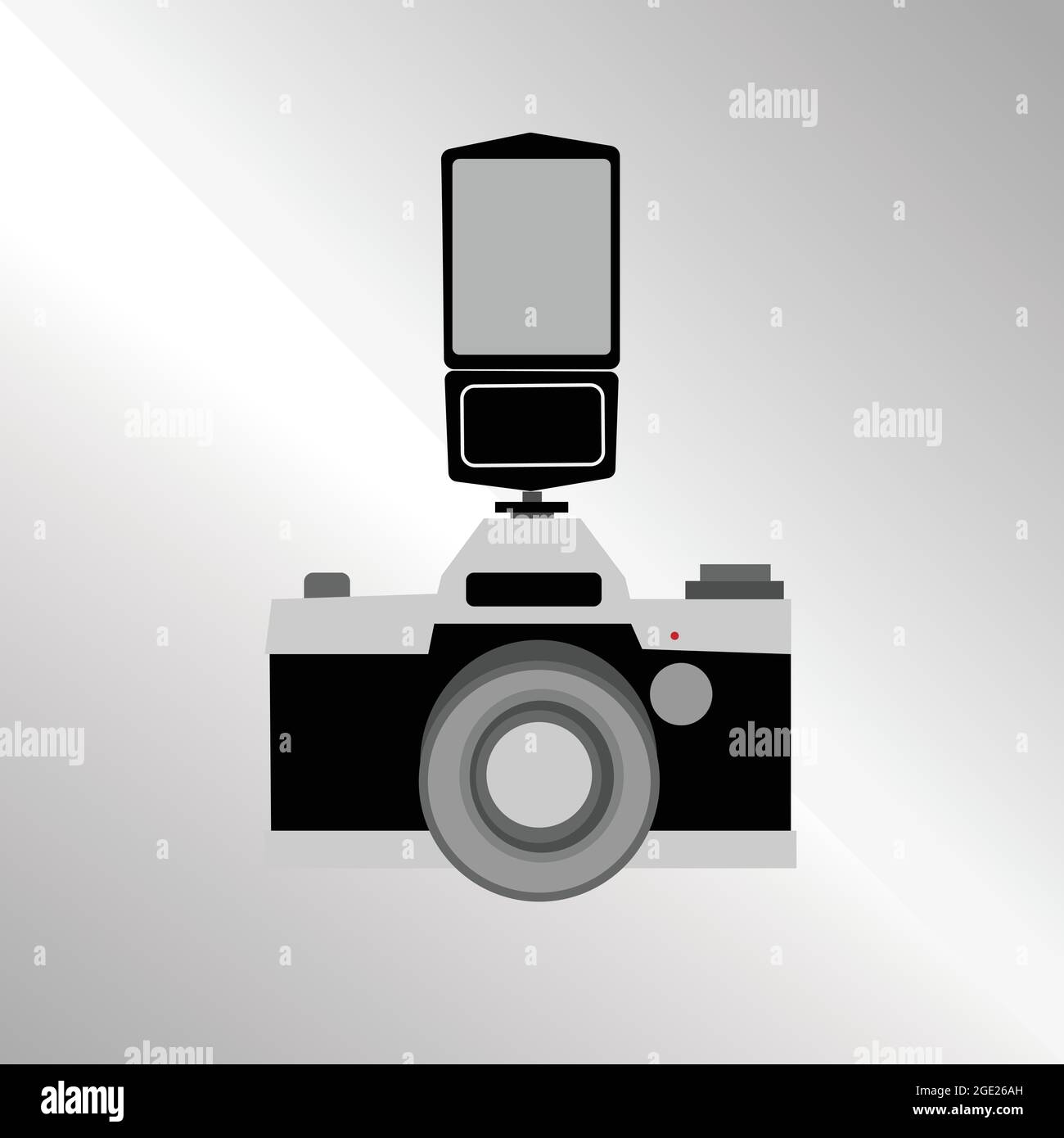 Retro-Kamera in flacher Optik auf weißem Hintergrund. Ausrüstung des Fotografen. Vintage Fotokamera mit Blitzvektor isoliert. Stock Vektor