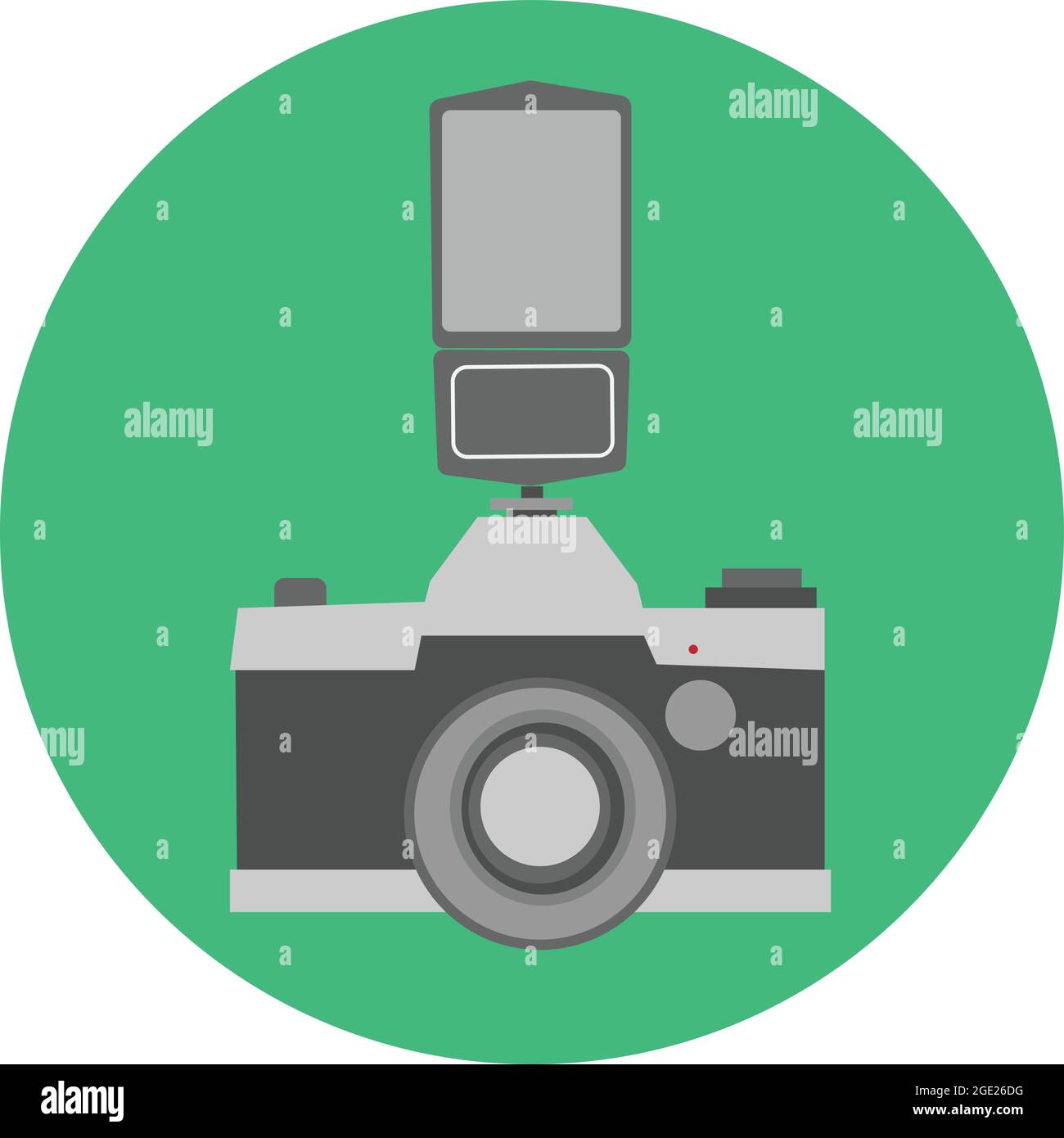 Retro-Kamera in flacher Optik auf weißem Hintergrund. Ausrüstung des Fotografen. Vintage Fotokamera mit Blitzvektor isoliert. Stock Vektor