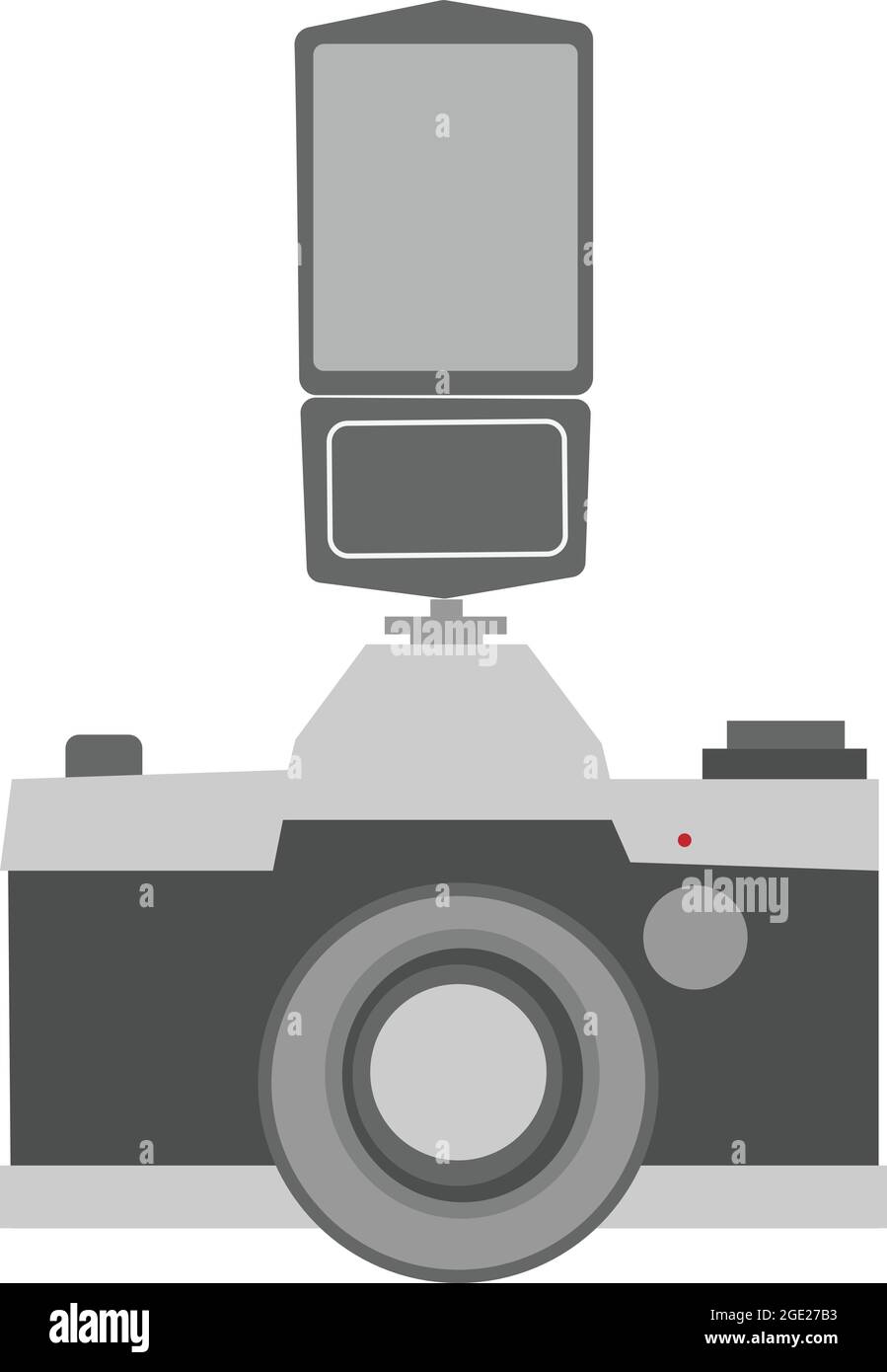 Retro-Kamera in flacher Optik auf weißem Hintergrund. Ausrüstung des Fotografen. Vintage Fotokamera mit Blitzvektor isoliert. Stock Vektor