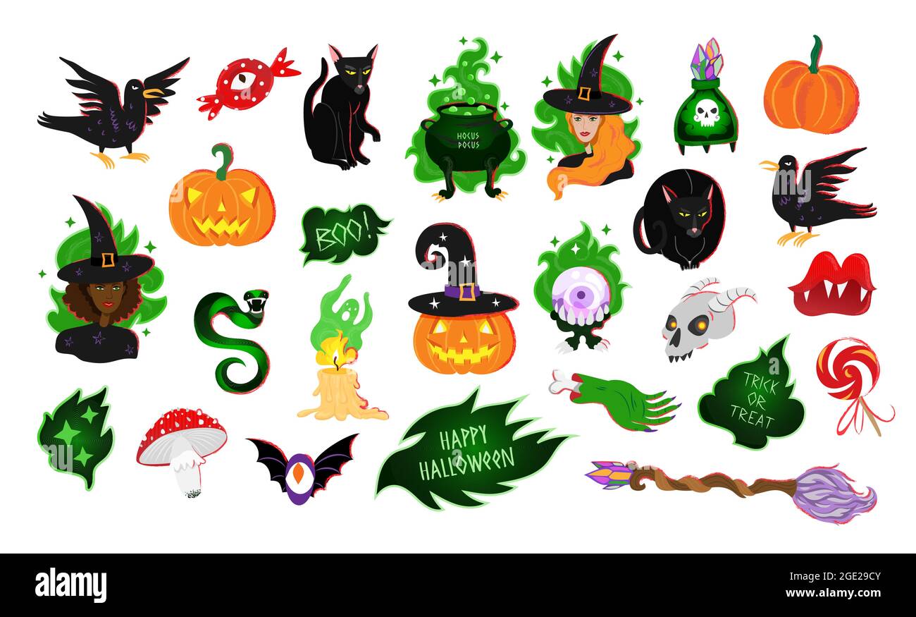 Set von Vektor-Illustrationen von Halloween. Halloween Icon Kollektion im Cartoon Stil. Clipart auf Weiß isoliert. Stock Vektor