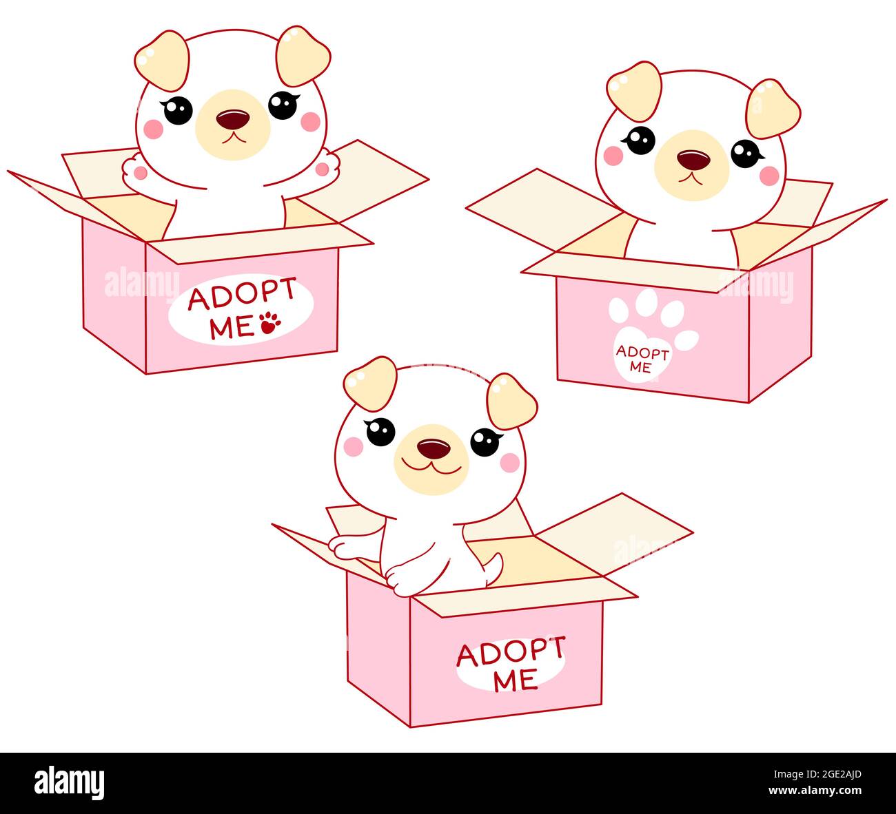Set von Kawaii kleinen weißen Welpen in Boxen. Inschrift adoptieren Sie mich. Helfen Sie obdachlosen Tieren, ein Zuhause zu finden. Tierpflege, Adoptionskonzept. Adoptieren Sie einen Freund. V Stock Vektor