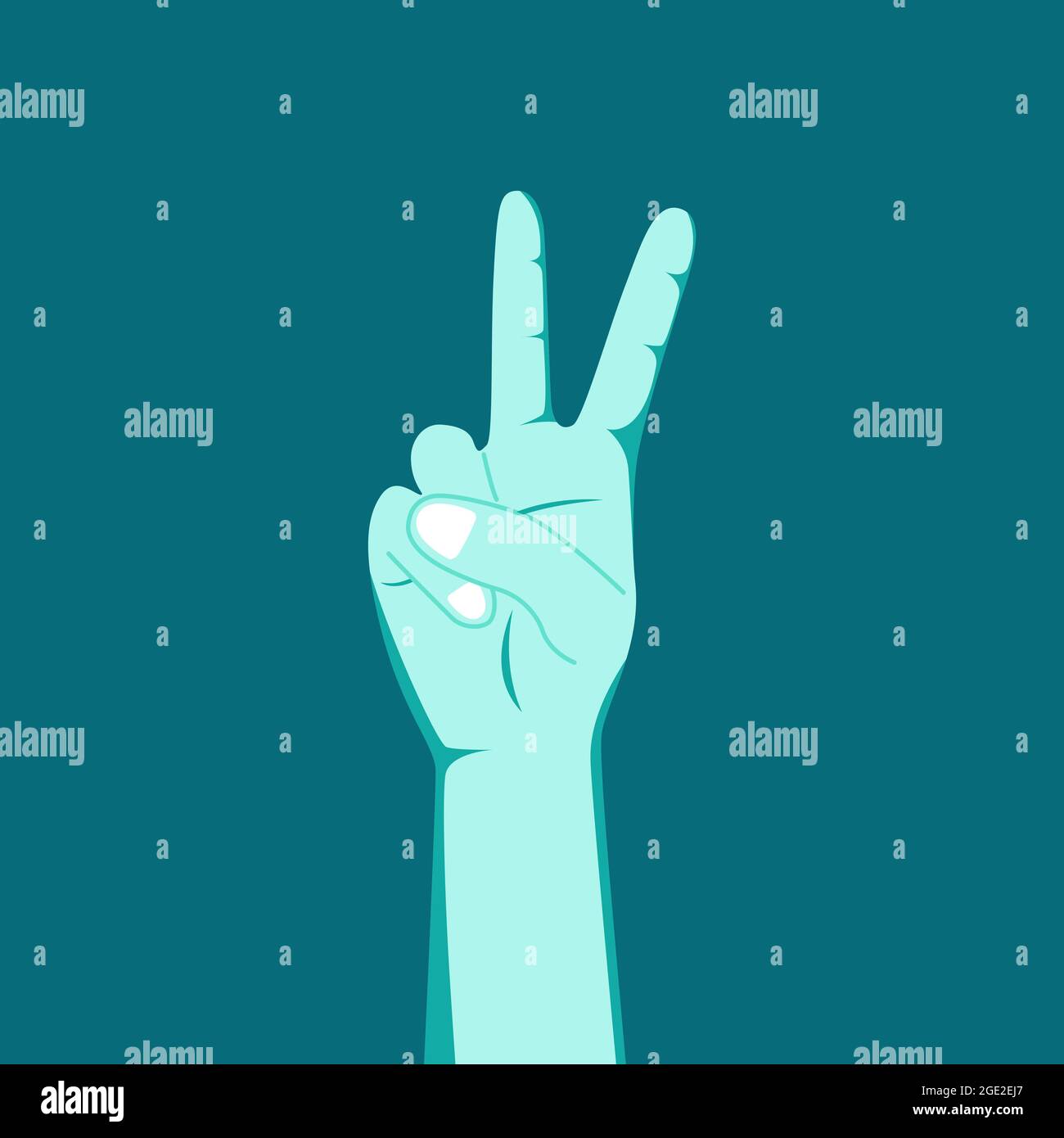 Mann Hand gestikuliert Frieden Zeichen V auf blau Stock Vektor
