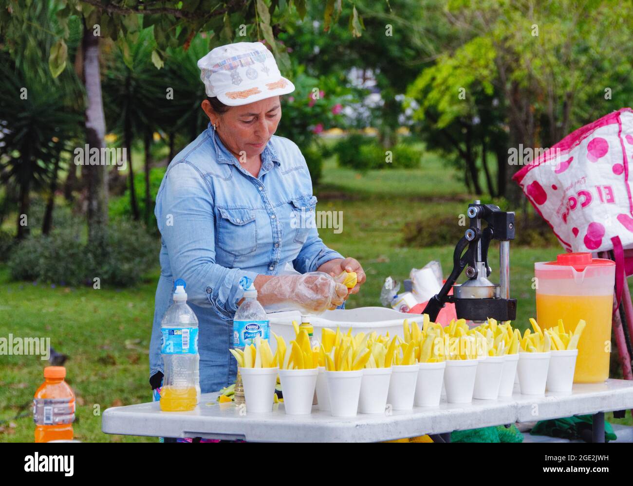 Eine Frau, die an ihrem Stand in Panama City, Panama, Mittelamerika, Fruchtrutschen und Saft vorbereitet Stockfoto
