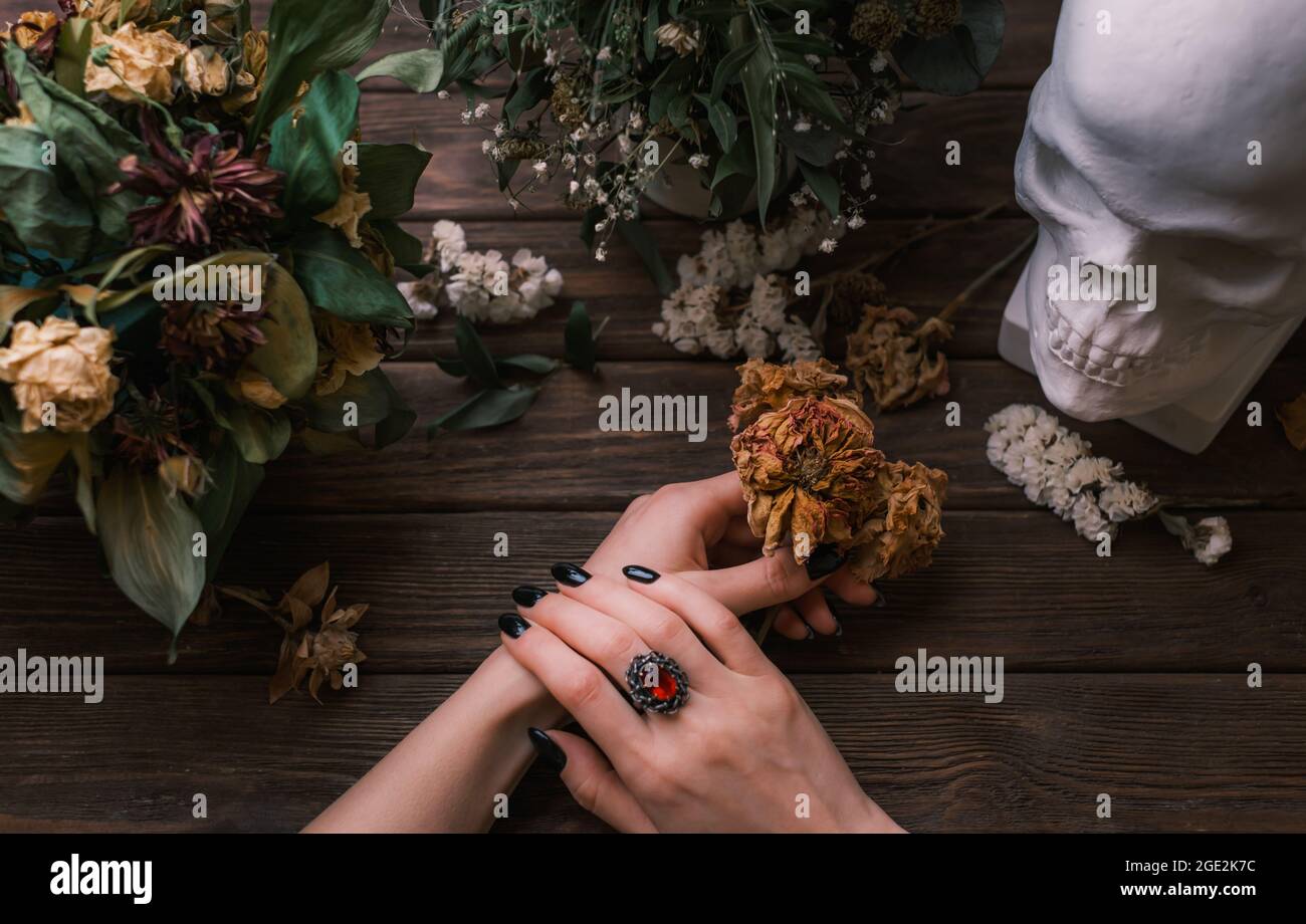 Weibliche Hände mit schwarzer Maniküre. Verwelkte Blumen und ein Schädel. Romantisches Gothic-Konzept. Stockfoto