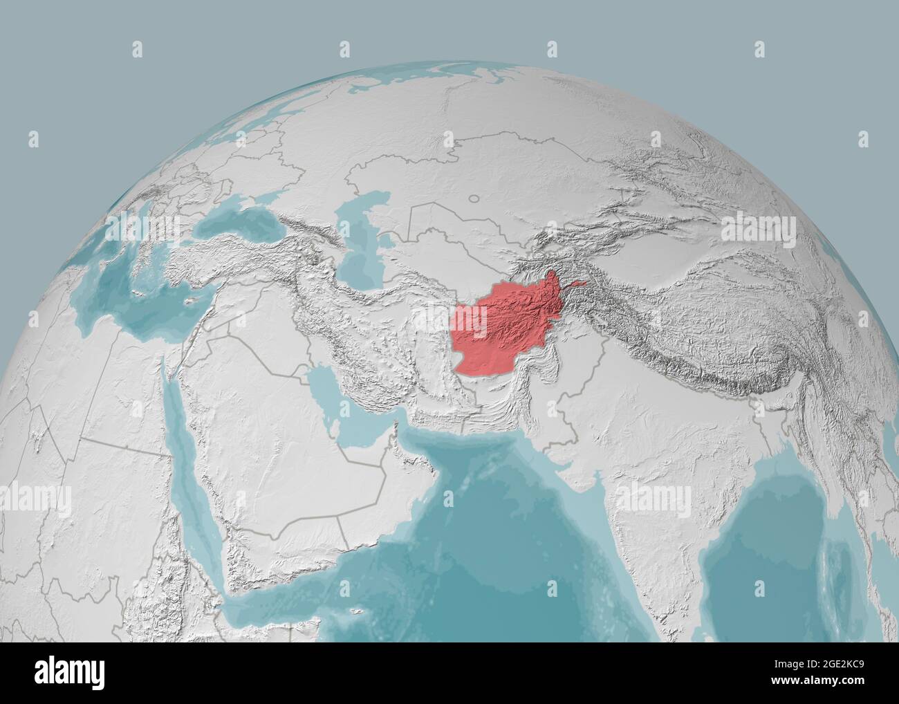 Karte Afghanistans auf einer Planisphere, Bergreliefs und Meeresbathymetrie. Physische Grenzen der Nation, Satellitenansicht. Globus Stockfoto
