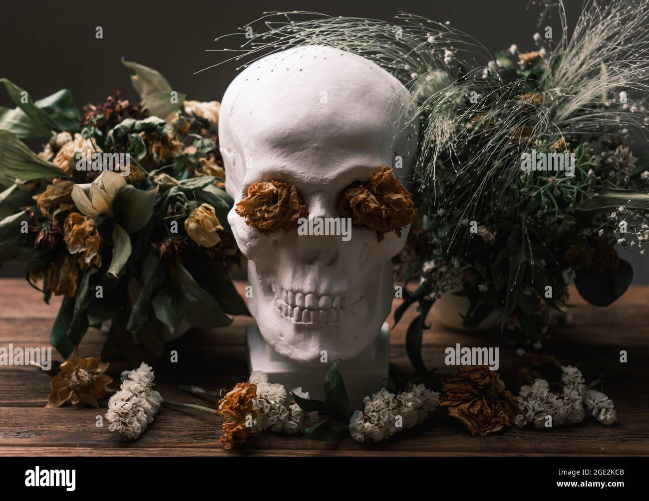 Romantisches gotisches Stillleben mit verwelkten Blumen und einem Totenkopf. Stockfoto