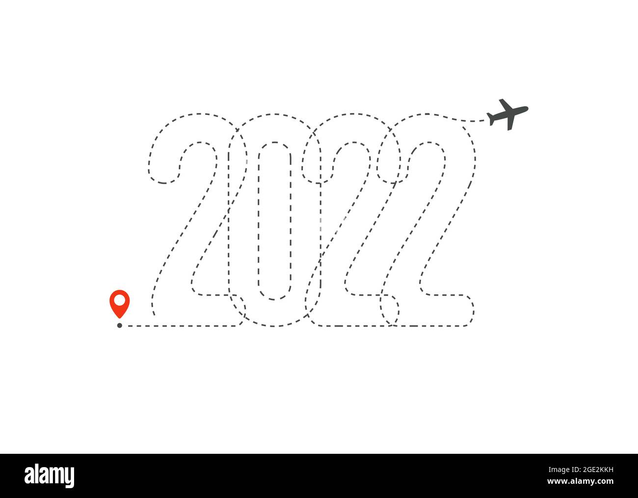 Vektor Happy New Year Illustration 2022 Jahr. Flugwegrichtung von 20 20 Nummern, Ziel- und Abflugpunkt-Grafik für Ticket, Poster Stock Vektor