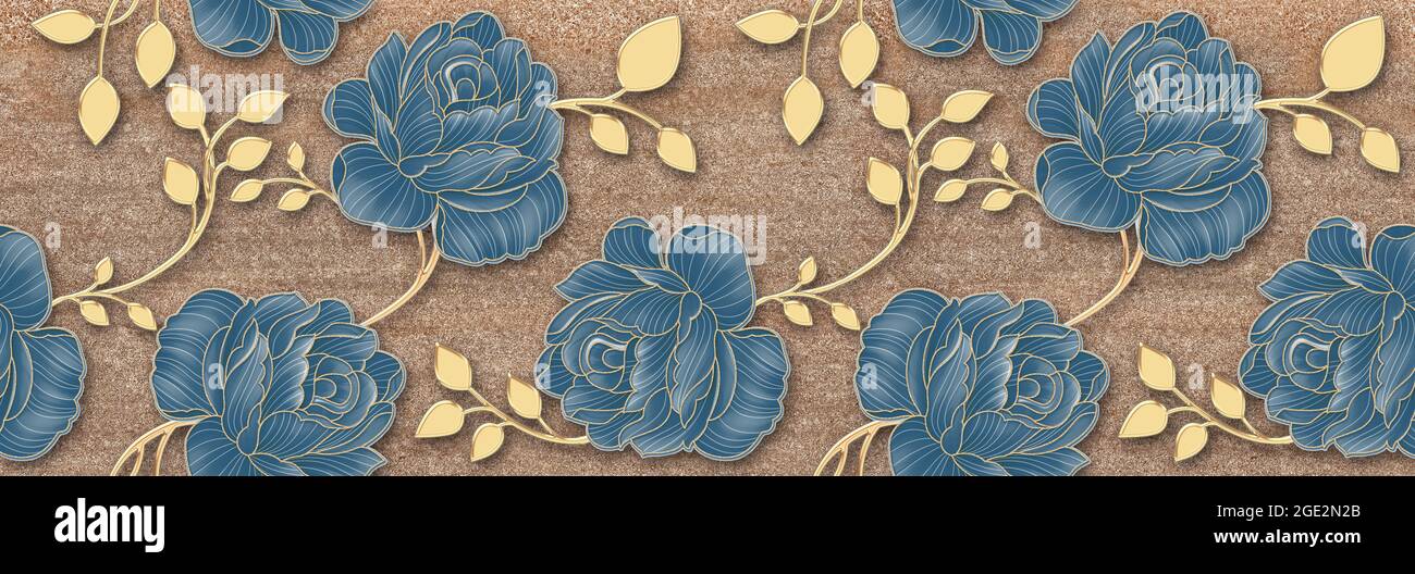 Blume Fliesen Wanddekor, Digital Wandfliesen Design, Blaue Blume und goldenes Blatt Dekor auf Marmor für Home Decoration, Illustration kann für Wallpa verwendet werden Stockfoto Blume Fliesen Wanddekor, Digital Wandfliesen Design, Blaue Blume und goldenes Blatt Dekor auf Marmor für Home Decoration, Illustration kann für Wallpa verwendet werden Stockfoto
