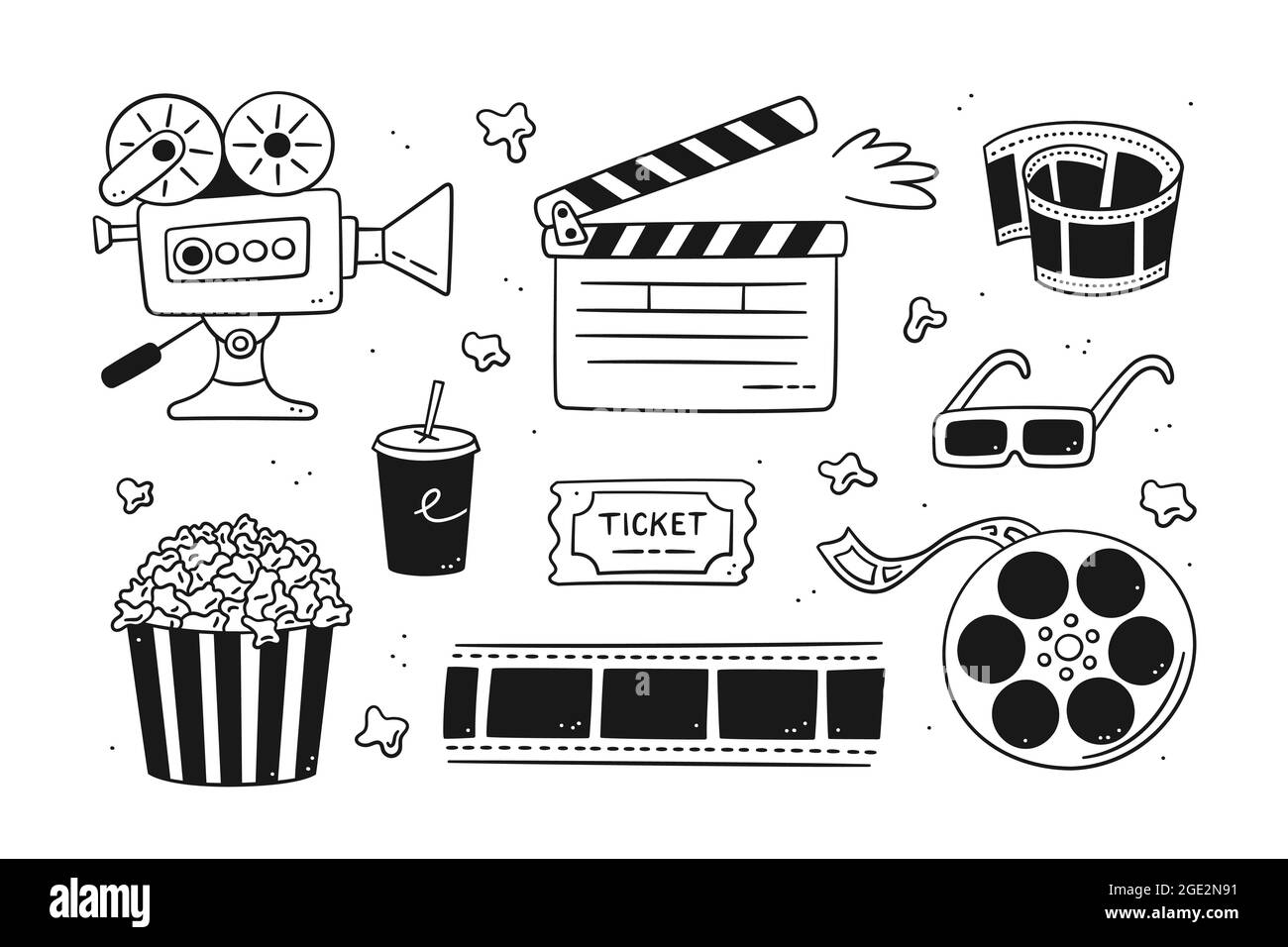 Handgezeichnetes Kino-Set mit Filmkamera, Klappbrett, Kinorolle und Klebeband, Popcorn in gestreifter Box, Filmticket und 3d-Brille. Vektorgrafik Stock Vektor