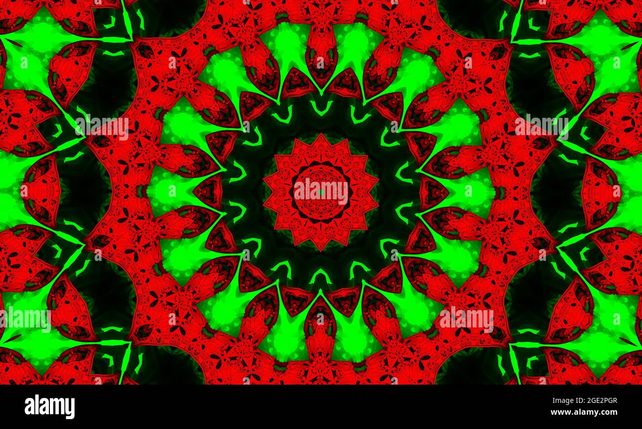 Abstrakter Hintergrund mit rot-grünem Ornament. Kaleidoskop Muster für Design. Stilisierte rote Blume auf grünem Hintergrund. Stockfoto