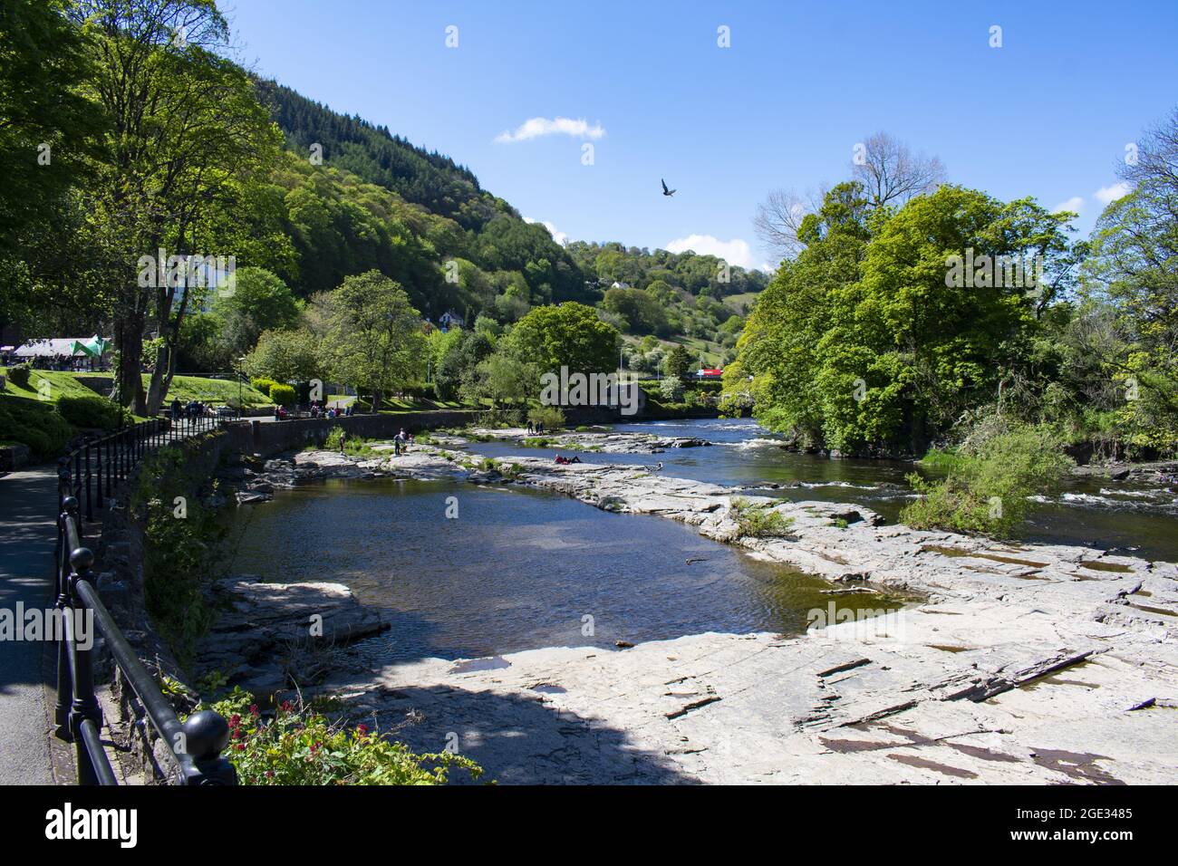 Llangollen - Wales - Mai 11 2019 : wunderschöne Landschaft. Sommerszene des Flusses Dee, der über Felsen fließt. Bewaldete Hänge und klarer blauer Himmel. Mo Stockfoto