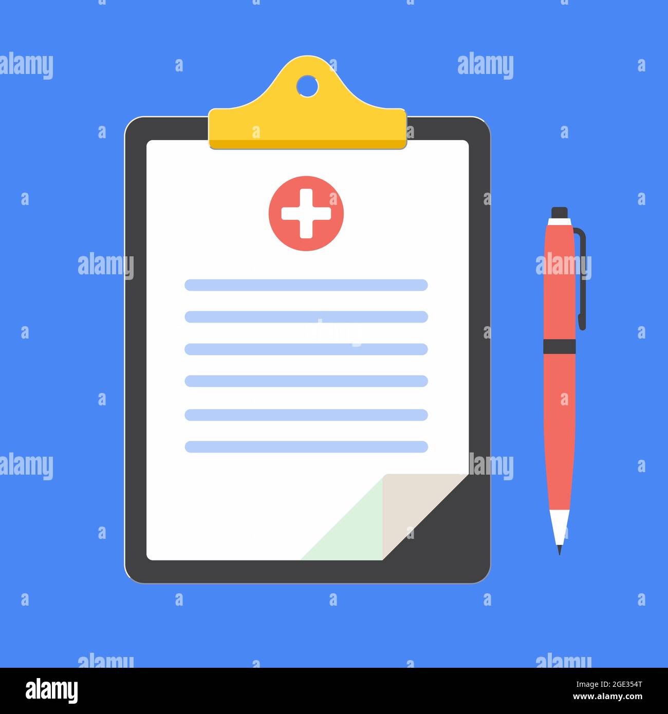 Klemmbrett mit weißem Kreuz medizinisches Schild, Text und Stift Stock Vektor