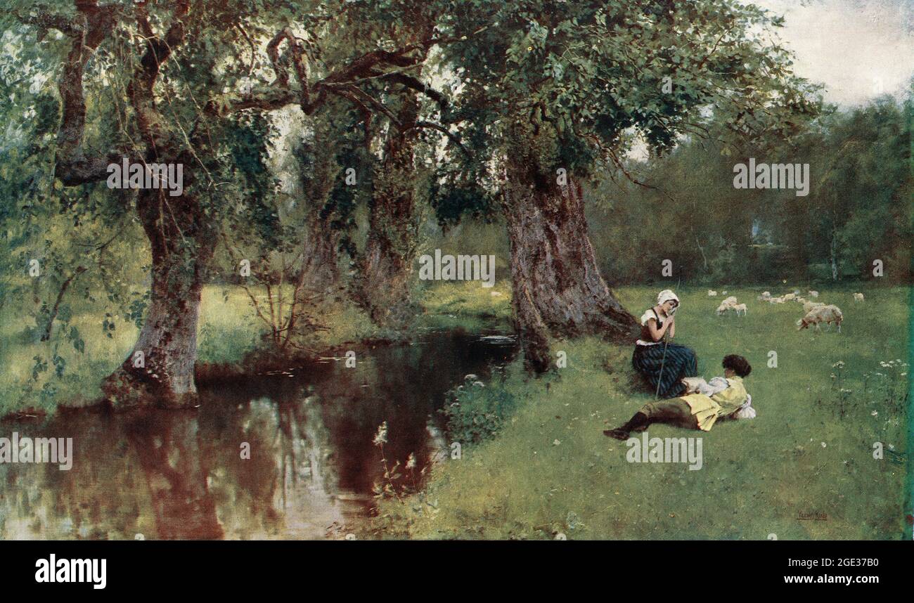 Dichter und Bauer, nach Yeend King. Der junge Dichter rezitiert seine Verse an die Hirtin auf einer Wiese, viktorianische Kunst Stockfoto