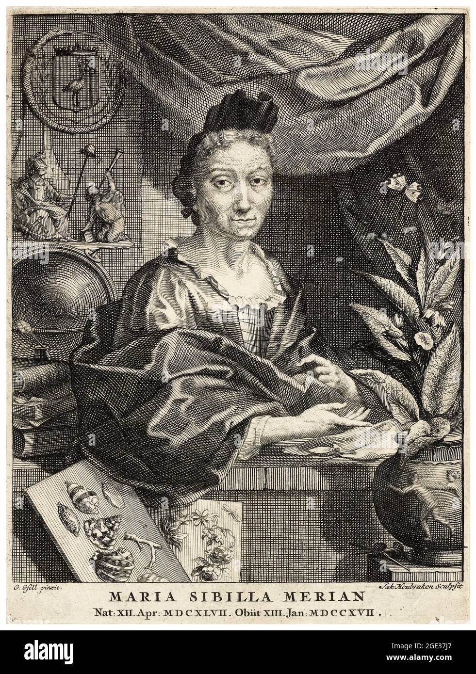 Maria Sibylla Merian, (1647-1717), deutsche Naturforscherin, wissenschaftliche Illustratorin, Porträtstich von Jacob Houbraken nach Georg Gsel, 1708-1780 Stockfoto