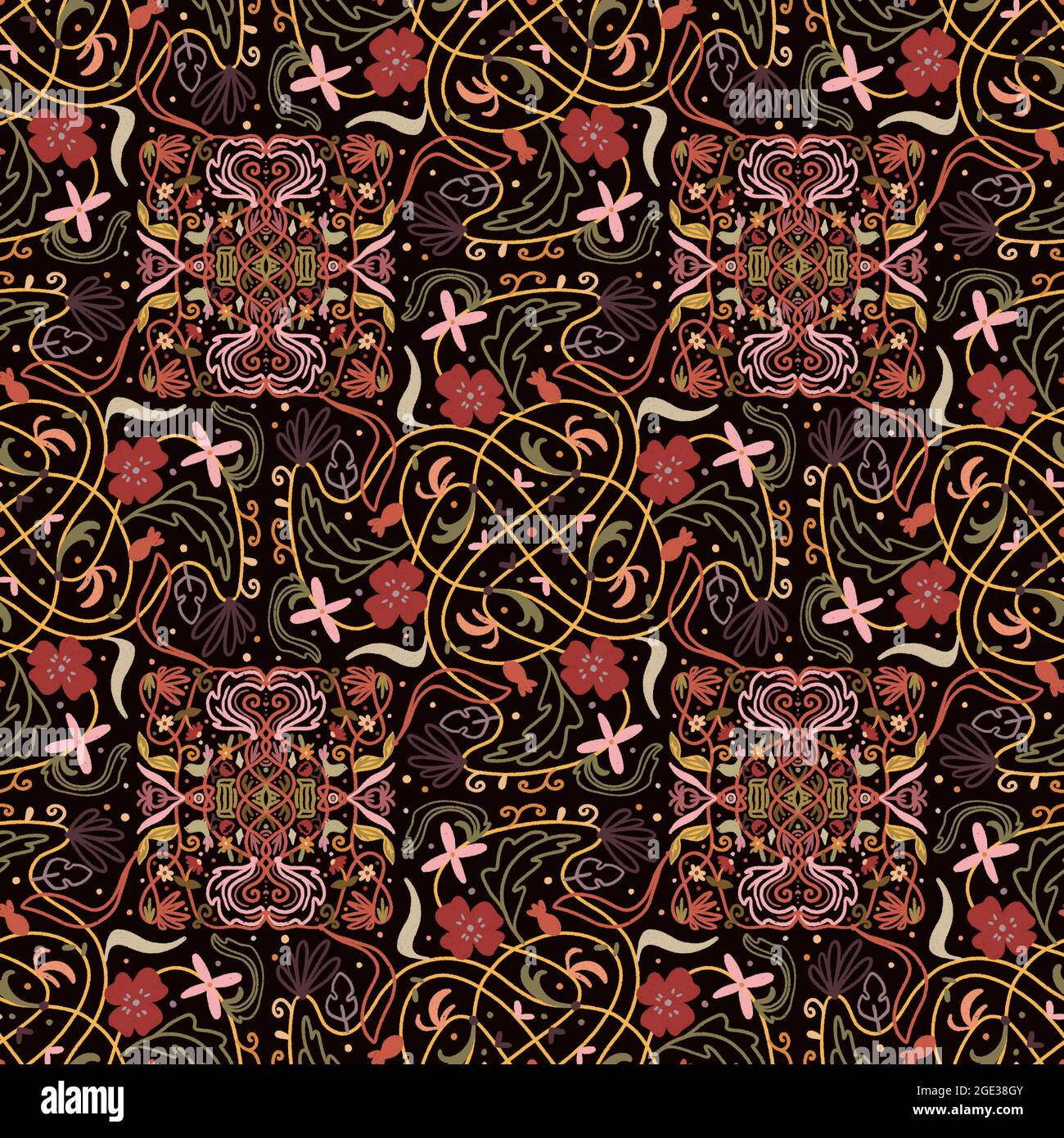 Dunkelhelles Mandala-Muster mit Blättern und Blumen. Ethno-Hintergrundstoff und Textildruck Stockfoto