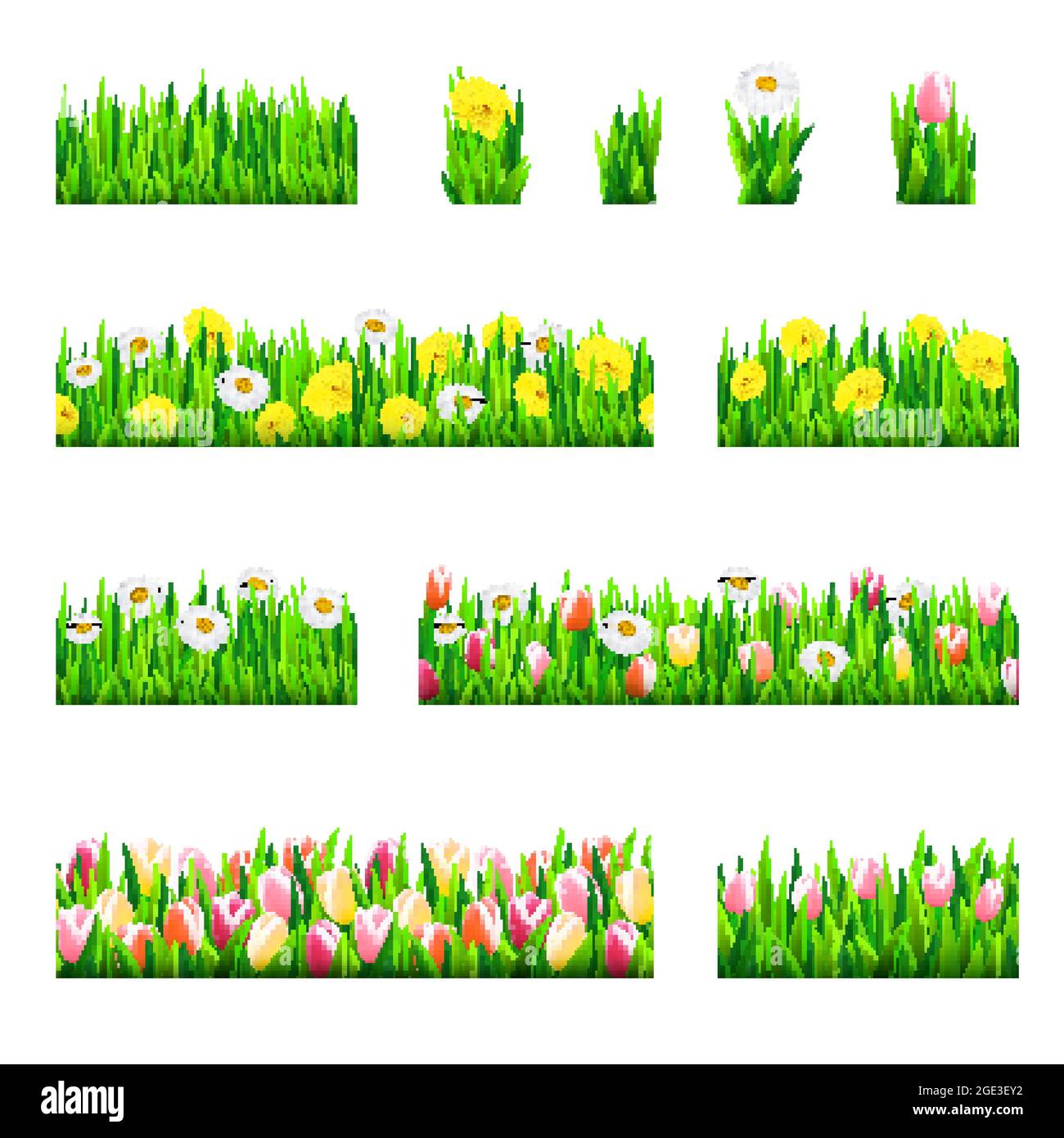 Große Reihe von nahtlosen Rändern mit Gras und Blumen, Vektor-Illustration Stock Vektor