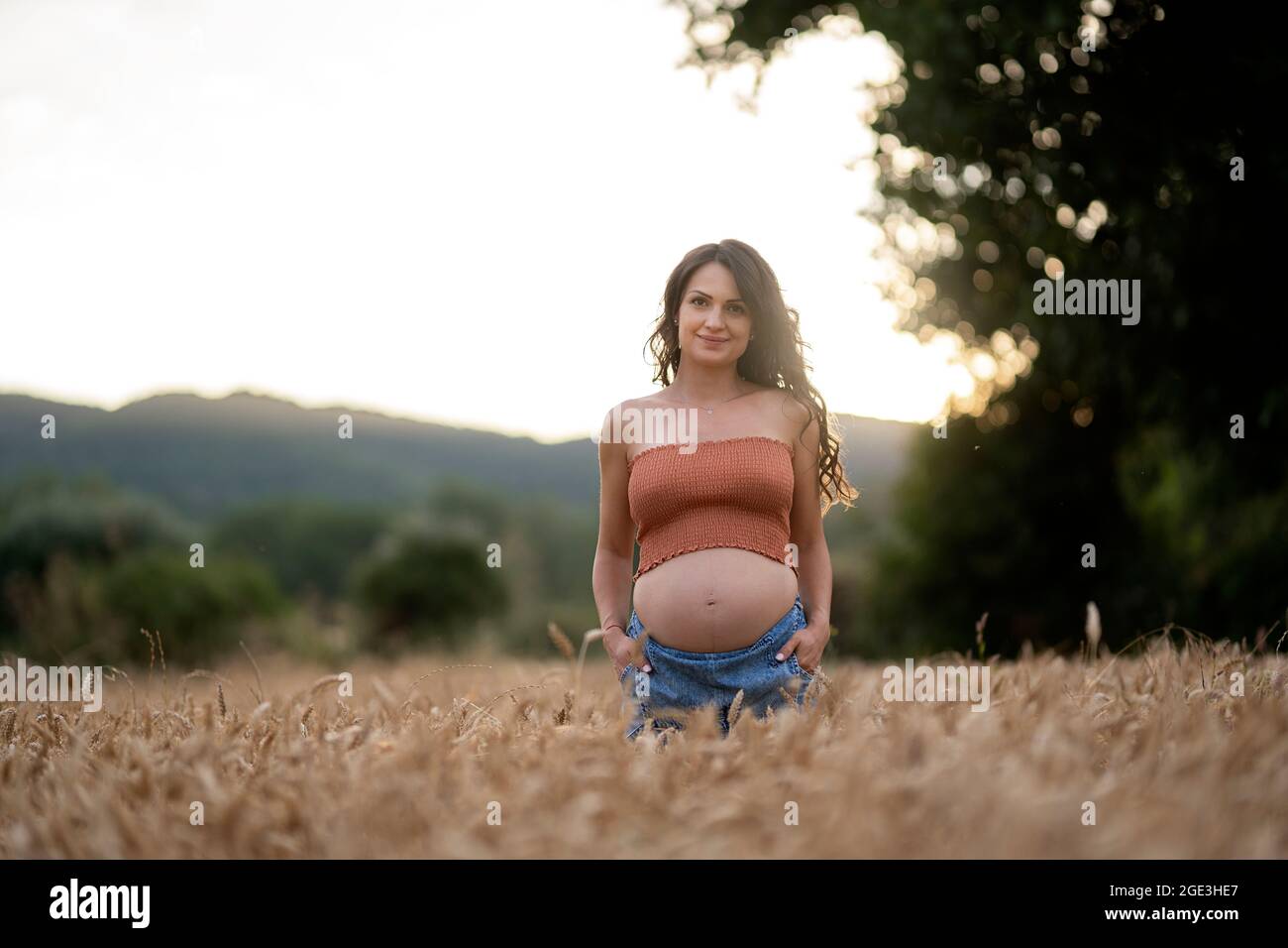 Schwanger Frau lächelt und steht im Weizenfeld. Sie schaut in die Kamera. Stockfoto