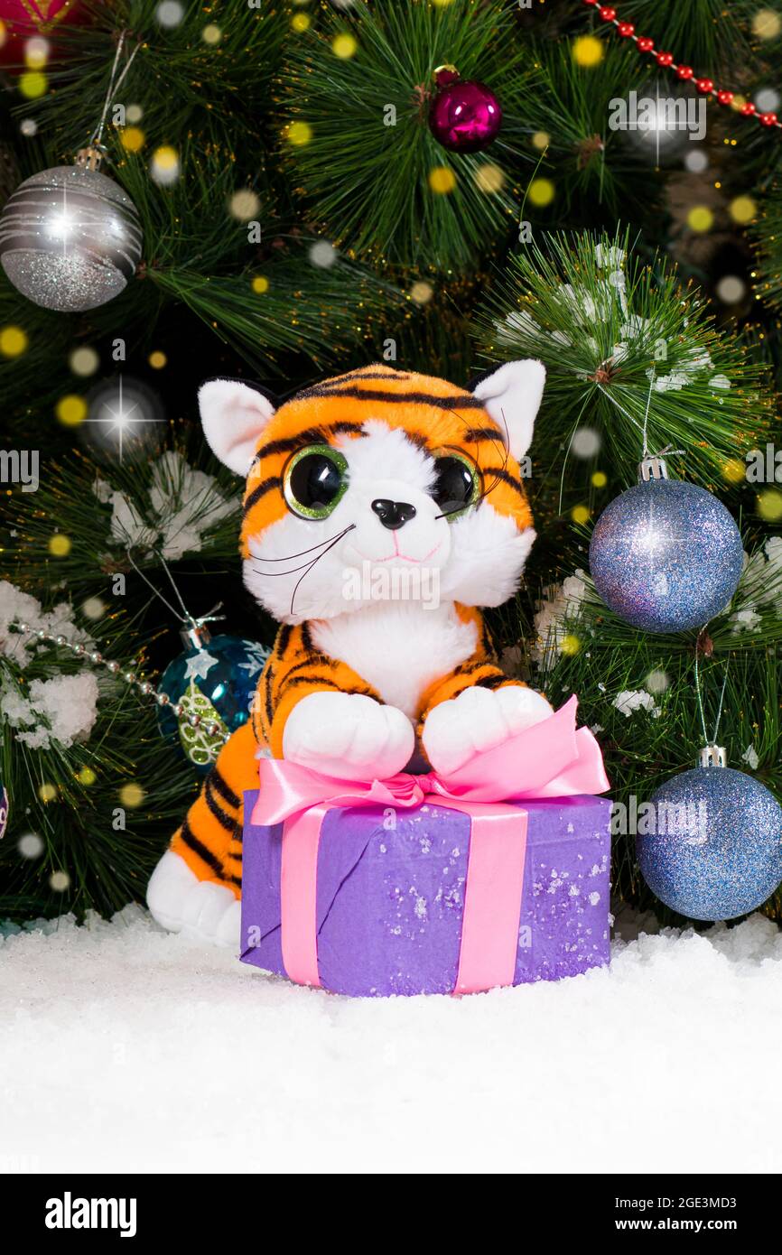 Neujahr 2022 ist ein Symbol des Tigers und des Weihnachtsbaums mit Bällen und Bokeh, Geschenkbox. Schöne vertikale Karte Stockfoto