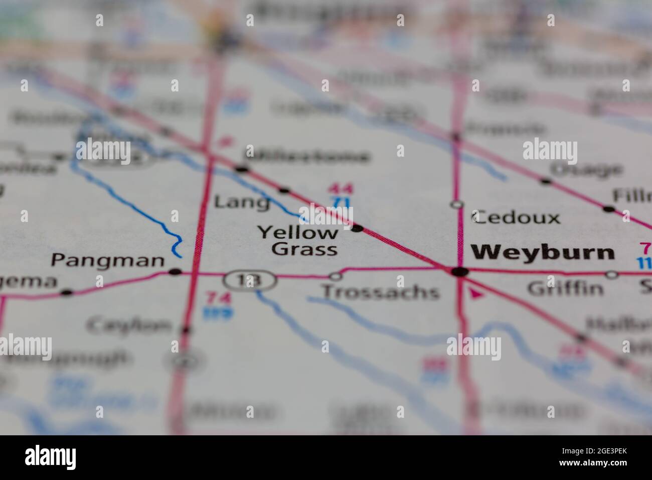 Gelbes Gras Saskatchewan Kanada auf einer Straßenkarte oder Geografie-Karte angezeigt Stockfoto