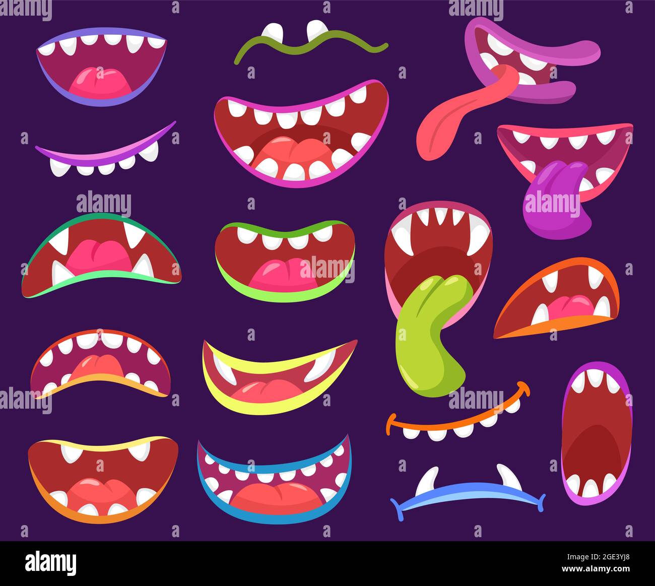 Cartoon halloween gruselige Monster Münder mit Zähnen und Zunge. Lustige Monster Charaktere Ausdrücke, Kreaturen öffnen Mund mit Reißzähne Vektor-Set. Bunte verrückte Aliens Lippen zeigen Zunge Stock Vektor