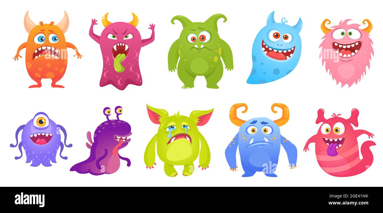 Niedliche Monster-Charaktere lächeln, lustige Aliens und Kreaturen