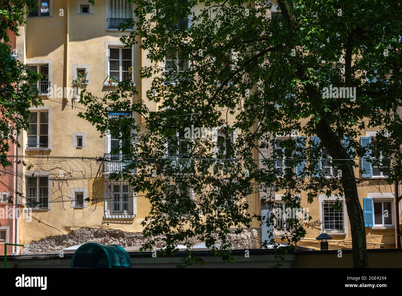 Blaue Fenster mit Blick auf den Jardin de Ville in Grenoble. Grenoble, Departement Isère, Region Auvergne-Rhône-Alpes, Frankreich, Europa Stockfoto
