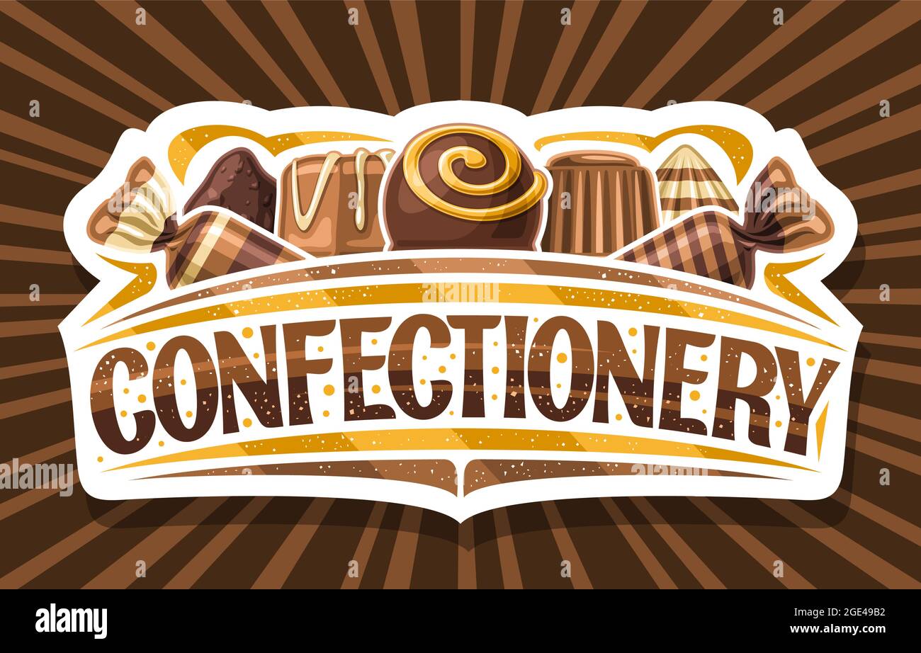 Vektor-Logo für Konditorei, Schild aus geschnittenem Papier mit Illustration von verschiedenen Schokoladenpralinen und köstlichen Süßigkeiten, einzigartiger Bürstenschriftzug für Bro Stock Vektor