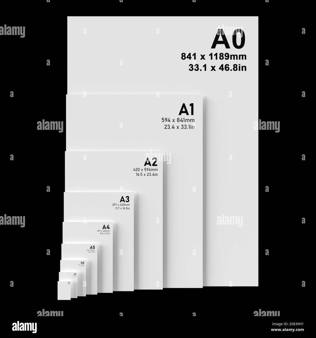 Internationale PAPIERFORMATE DER A-Serie von A0 bis A8, mit schwarzem Text  auf weißem Strukturpapier gedruckt und isoliert auf schwarzem Hintergrund.  3D-Illust Stockfotografie - Alamy