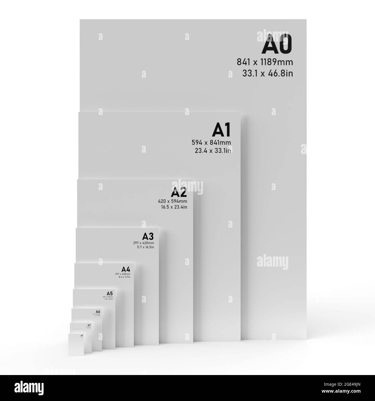 Internationale PAPIERFORMATE DER A-Serie von A0 bis A8, mit schwarzem Text auf weißem Strukturpapier und isoliert auf weißem Hintergrund. 3D-Illust Stockfoto