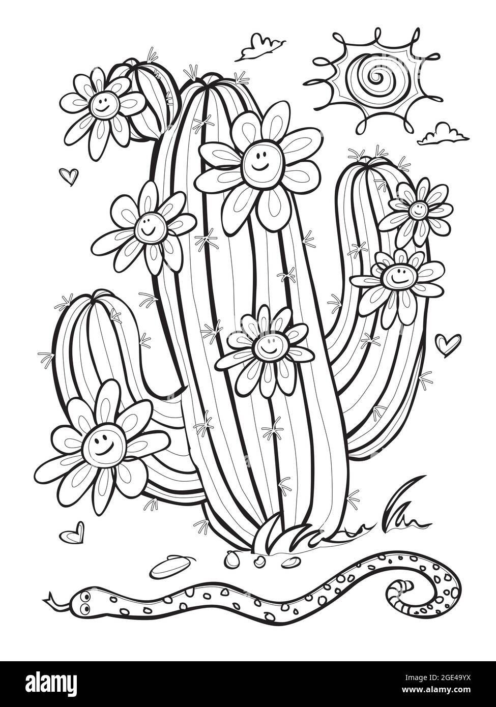 Vektor schwarz und weiß umreißt niedlich Cartoon Kaktus Illustration mit glücklichen Gänseblümchen Blumen und Schlange. Große Färbung Aktivität für Kinder. Stock Vektor