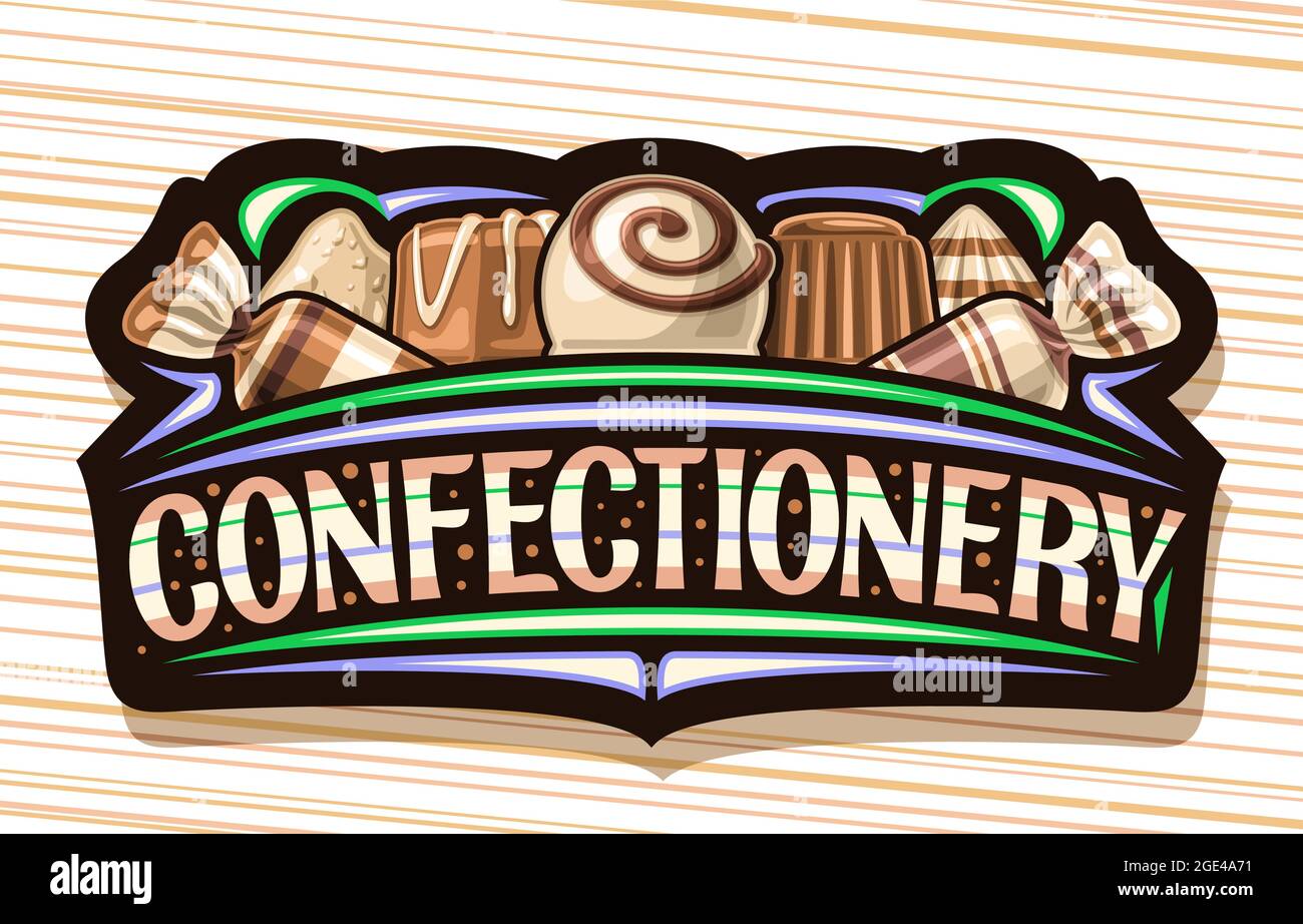 Vektor-Logo für Konditorei, dunkles Schild mit Illustration von Variety Chocolate Praline und köstlichen romantischen Bonbons, einzigartiger Pinselschriftzug f Stock Vektor
