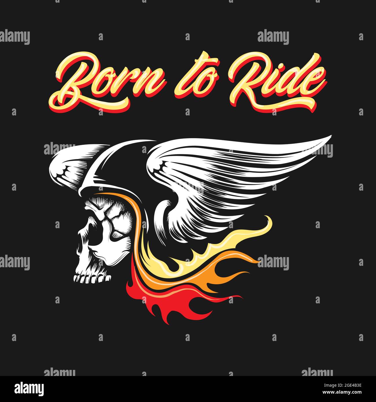 Wappen des Schädels in Biker Helm mit Flügeln und Aufschrift Born to Ride isoliert auf Schwarz. Vektorgrafik. Stock Vektor