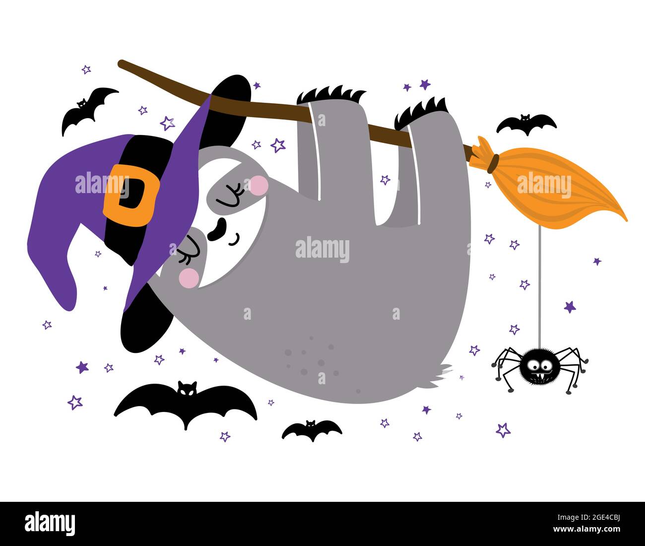 Happy Halloween - lustiges Faultier, das am Broomstick hängt. Faultier-Doodle zum Drucken zeichnen. Entzückendes Poster für Halloween-Party, gut für T-Shirts, Geschenke, Tassen Stock Vektor