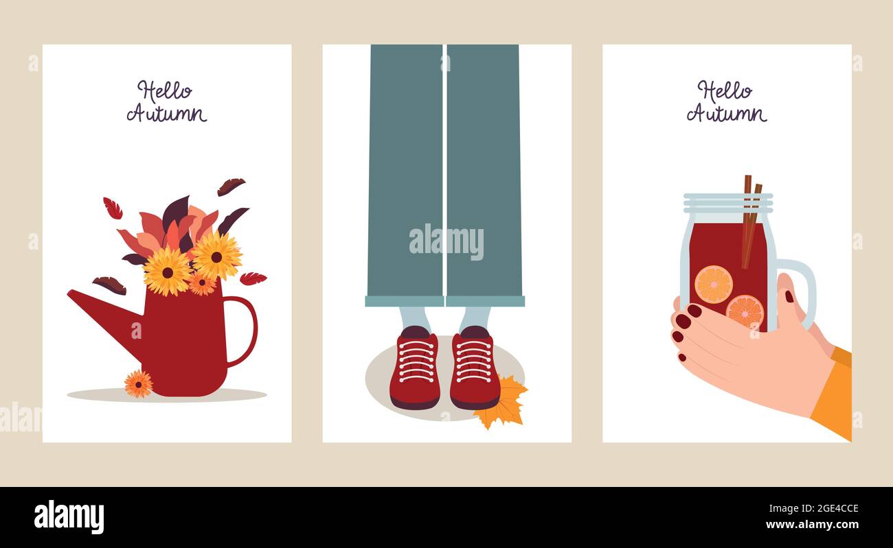 Hallo Herbst. Set von Postkarten-Vorlagen in flachem Design. Drei bunte Banner mit Herbstabbildungen. Herbststrauß, Glühwein und Blattfall Stock Vektor