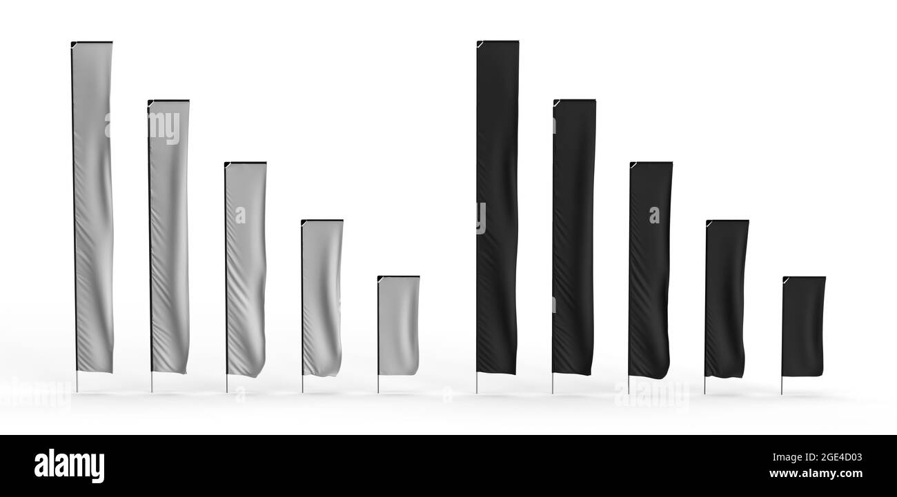 Serie „Feather Flag“ für den Außenbereich in Schwarz und Weiß, isoliert auf weißem Hintergrund. Bereit für Mockup, Produktwerbung. 3D-Illustration Stockfoto