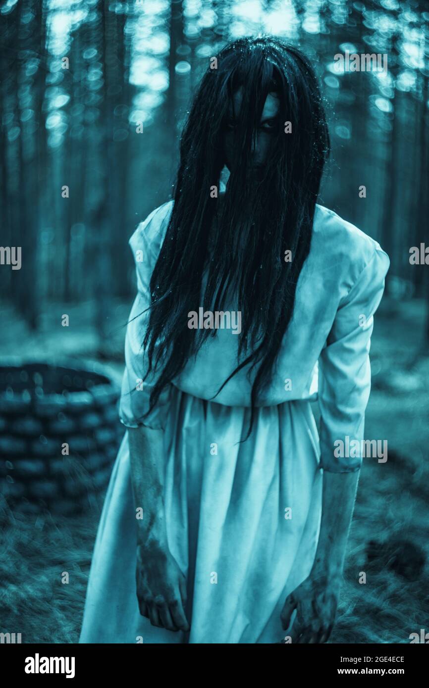 Mädchen mit langen schwarzen Haaren im Bild von gruseligen Geist Zombie steht zwischen dunklen Wald vor dem Hintergrund von Stein gut. Stockfoto