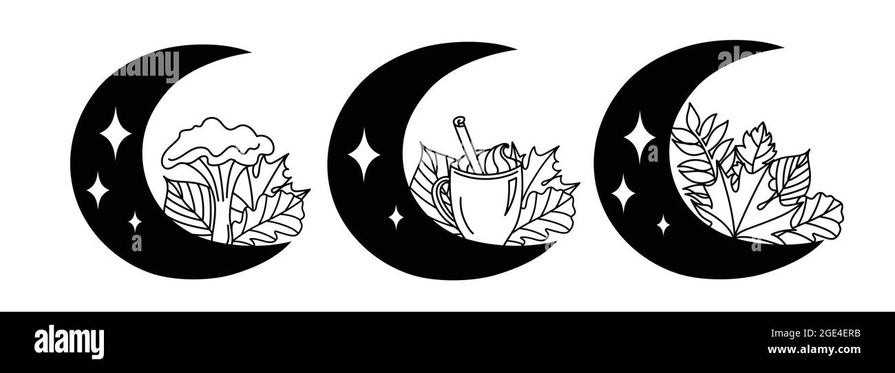 Pilz mit Herbstblättern im Linienkunststil. Stock Vektor