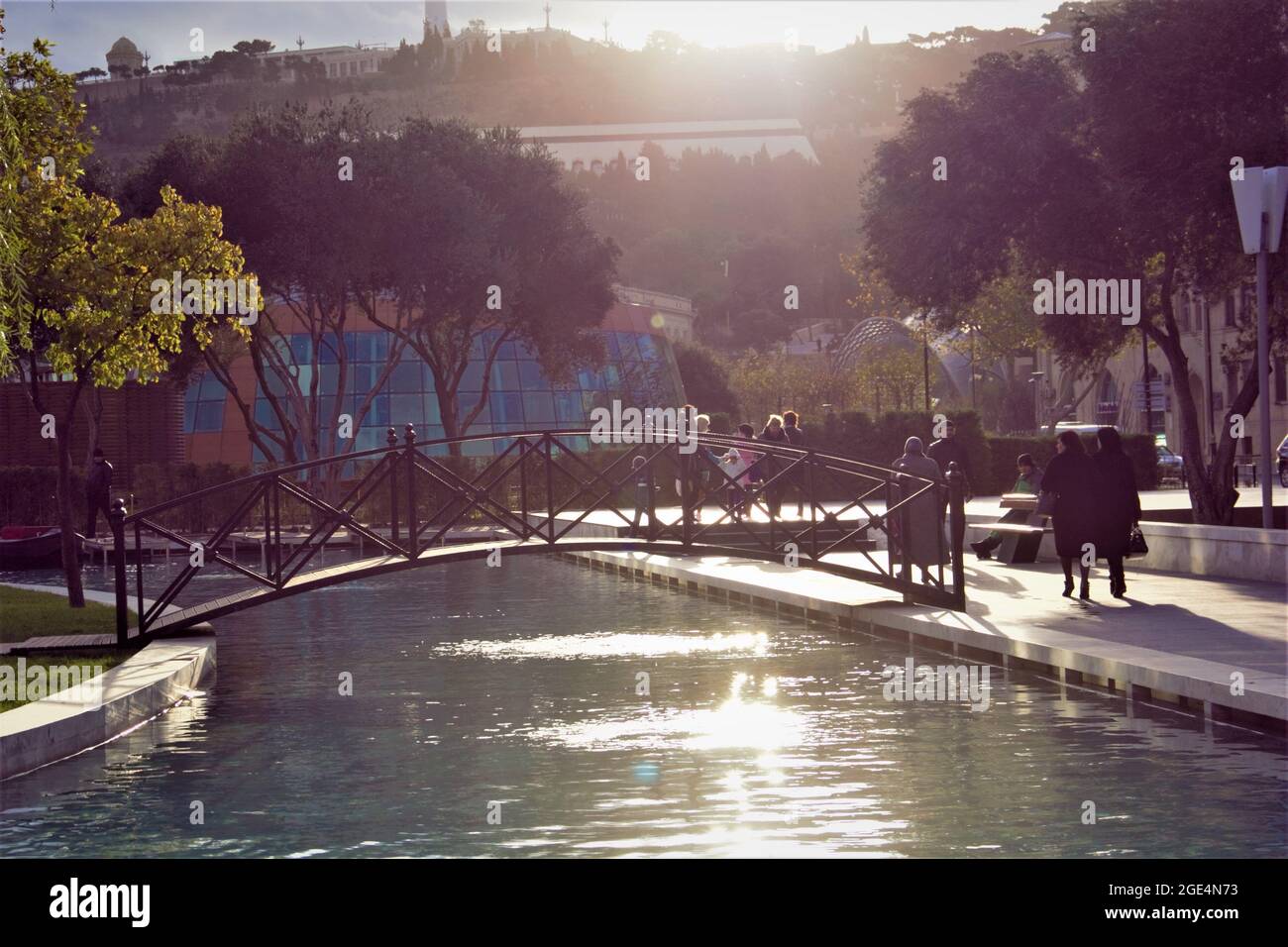 Schöner Park mit Teich in der Abenddämmerung Stockfoto