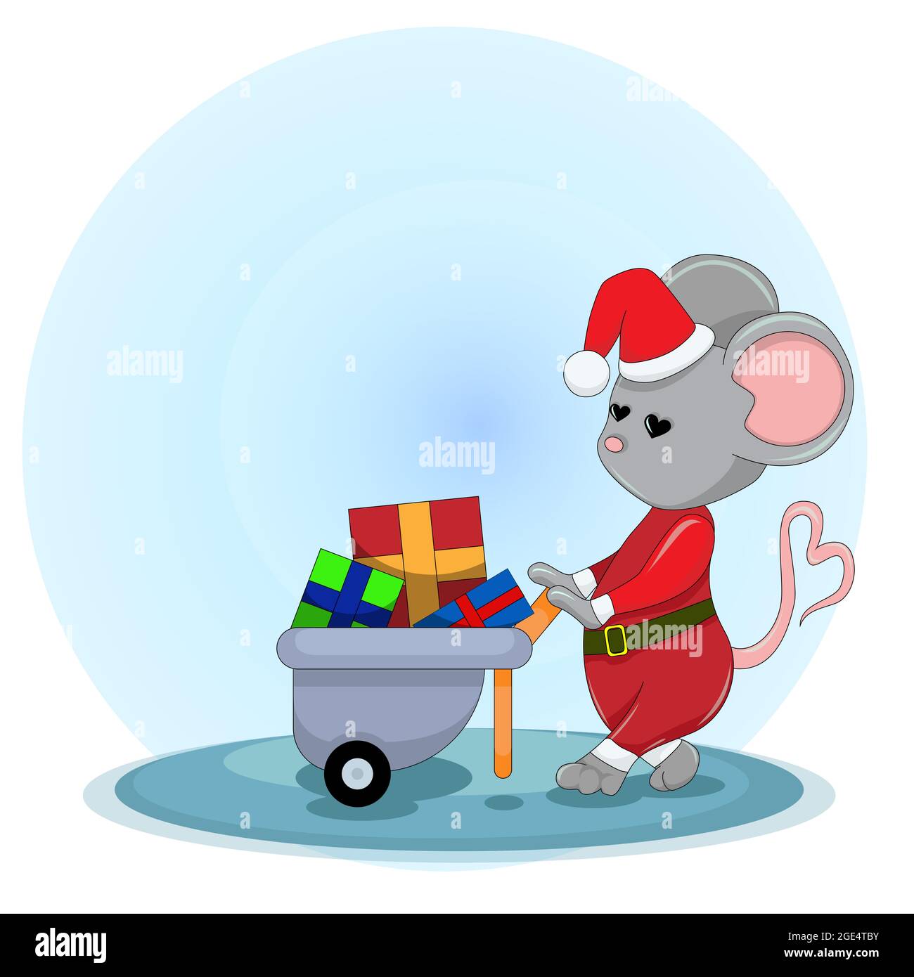 Vektorbild einer Maus. Serie von Illustrationen. Dezember. Eine Maus in einem Weihnachtsmann Kostüm trägt Geschenke in einem Wagen Stock Vektor