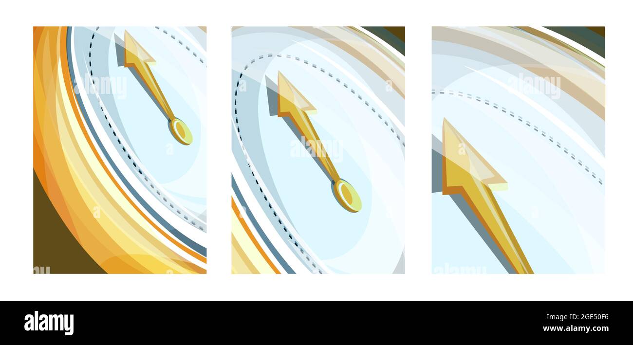Vektorbild, bestehend aus einer Reihe von Bildern mit unterschiedlichen Annäherungen des Zifferblatts und der Uhrzeiger. Konzept. EPS 10 Stock Vektor