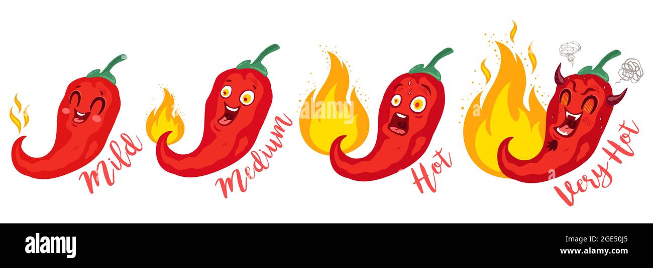 Vektorsteine Darstellung eines scharfen Chili mit Flamme. Cartoon Red Chili für mexikanische oder thailändische Gerichte. Cartoon mit verschiedenen roten Chilis. Stock Vektor