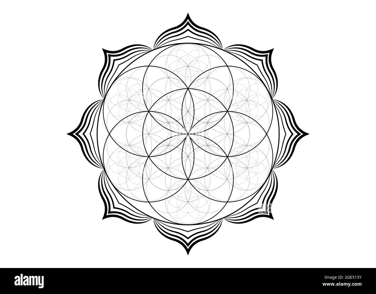 Seed Blume des Lebens Lotus-Symbol, yantra Mandala heilige Geometrie, Tattoo Symbol der Harmonie und Balance. Mystischer Talisman, schwarzer Linienvektor isoliert Stock Vektor