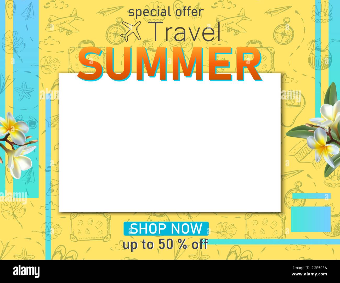 Reisesbanner. Sommerreise-Tourist-Banner mit Kopierraum und handgezeichneten Elementen, Frangipani-Blumen. Stock Vektor