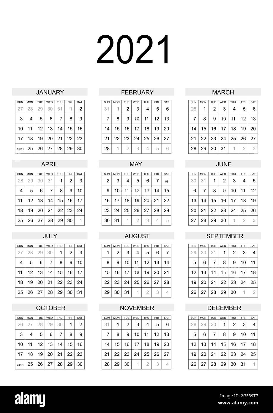 2021 Kalenderplaner. Firmenwoche. Vorlagenlayout, 12 Monate jährlich,  weißer Hintergrund. Einfaches Design für Business-Broschüre, Flyer,  Printmedien Stock-Vektorgrafik - Alamy