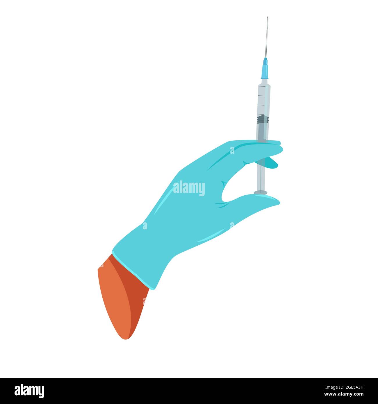 Hand in medizinischen Handschuhen mit einer Spritze, Impfung gegen Virus, Vektor-Illustration in flacher Form Stock Vektor