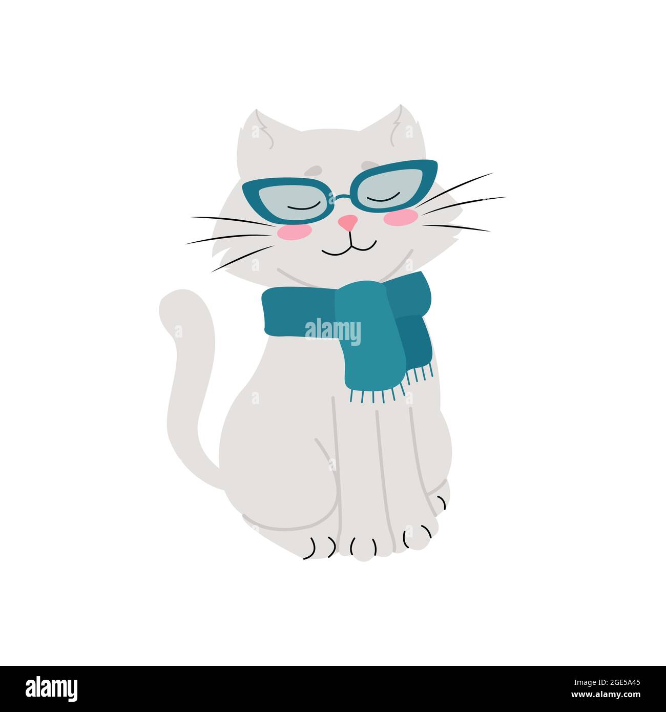 Weiße Katze mit Brille und Schal um den Hals, lustige Haustiere, Vektorgrafik. Isoliert Stock Vektor