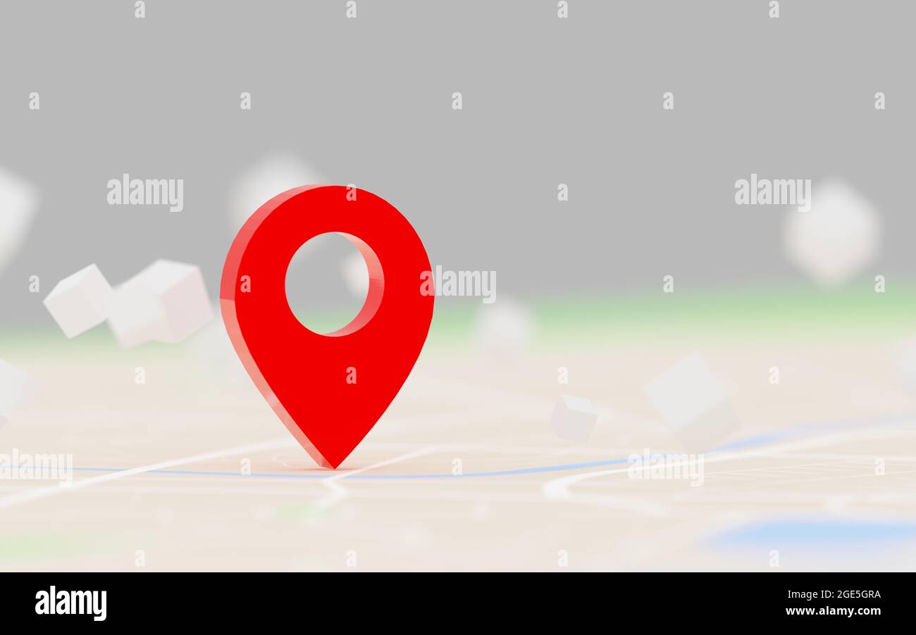 3D-Rendering roter GPS-Punkt des Ziels auf der Karte, für Navigator und Route für Reisekonzept, wählen Sie Fokus geringe Schärfentiefe Stockfoto