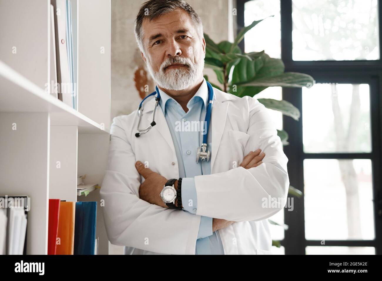 Porträt eines gut aussehenden, reifen Arztes, der im modernen Büro am Fenster steht. Stockfoto