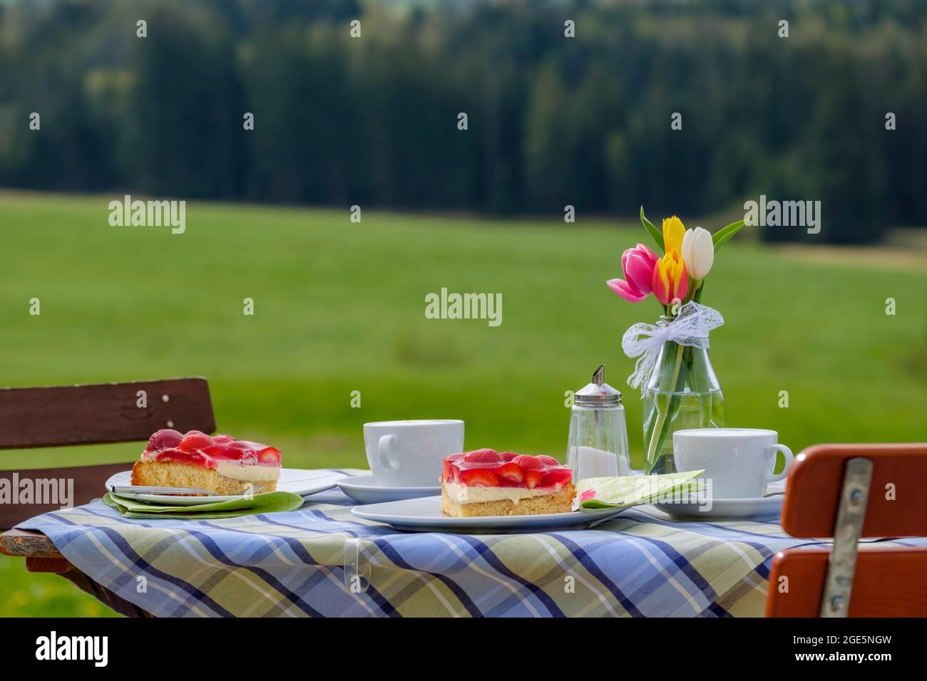 Überdachter Couchtisch, Kaffee und Kuchen, Frühling, Bauerncafe, Café, Otthof, Faistenberg, Eurasburg, Oberbayern, Bayern, Deutschland Stockfoto